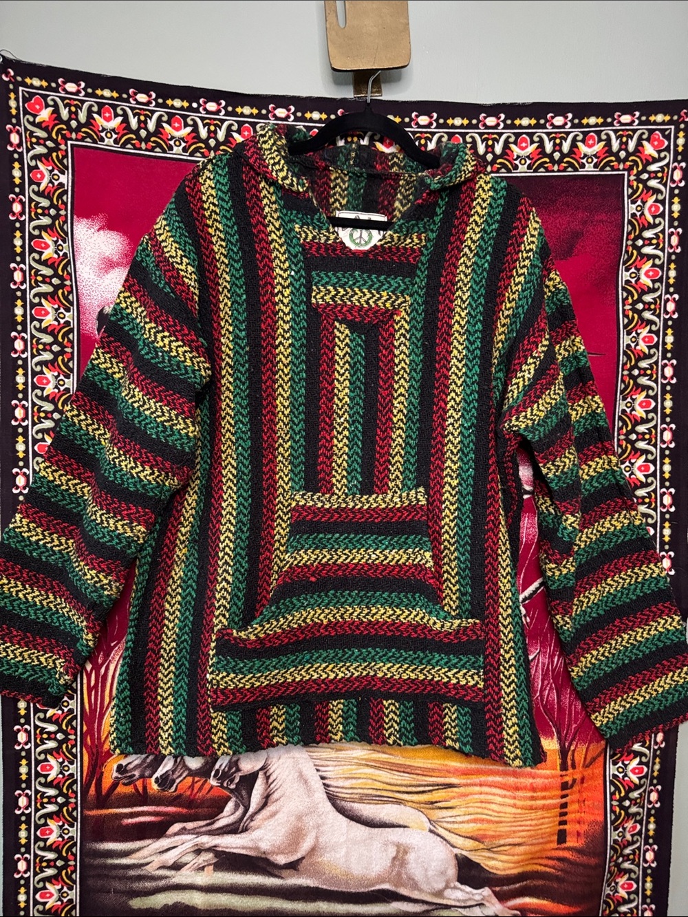 vintage 90s Baja Joe hooded baja sweater in rasta reggae color scheme